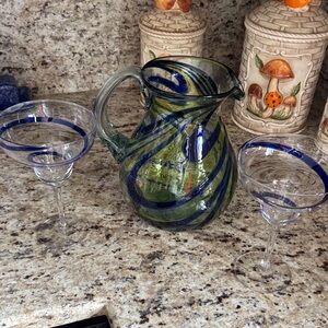 Pier 1 Blue and Green Swirl Glass Pitcher Set